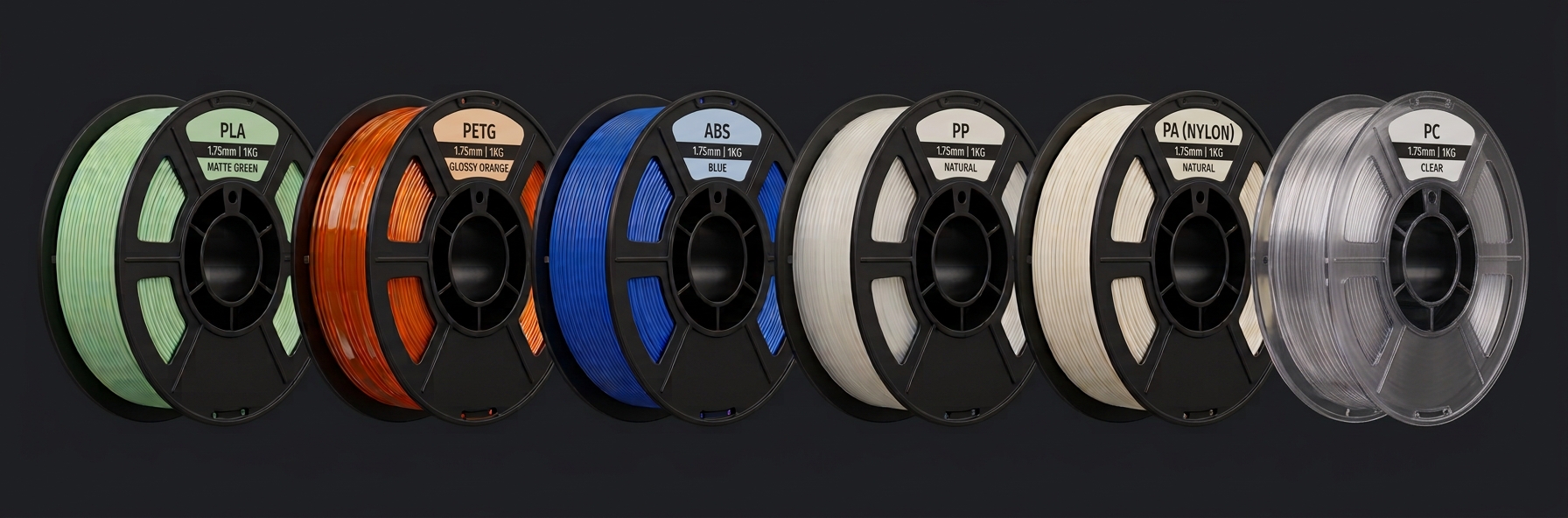 Six spools of 1.75 mm filament: PLA, PETG, ABS, PP, PA and PC