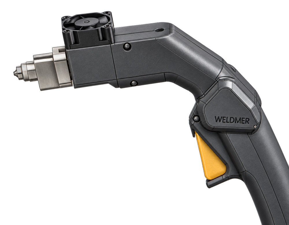 The WELDMER torch: a pistol-grip handheld welder with a metal nozzle, cooling fan and amber trigger