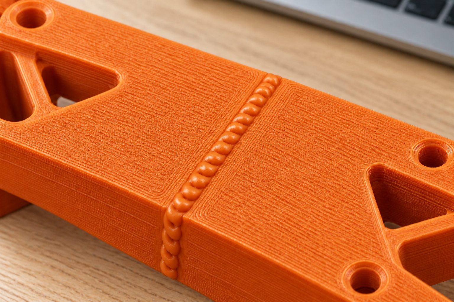 Two orange 3D-printed parts joined into one by a weld bead